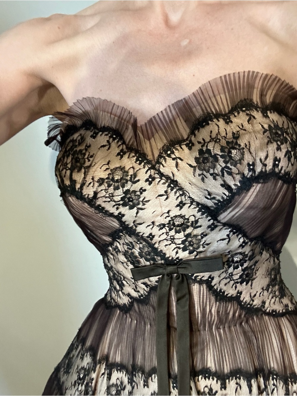 Strapless Black Lace-Appliqué Midi Dress with Pale Pink Underlay - Picture 4 of 8